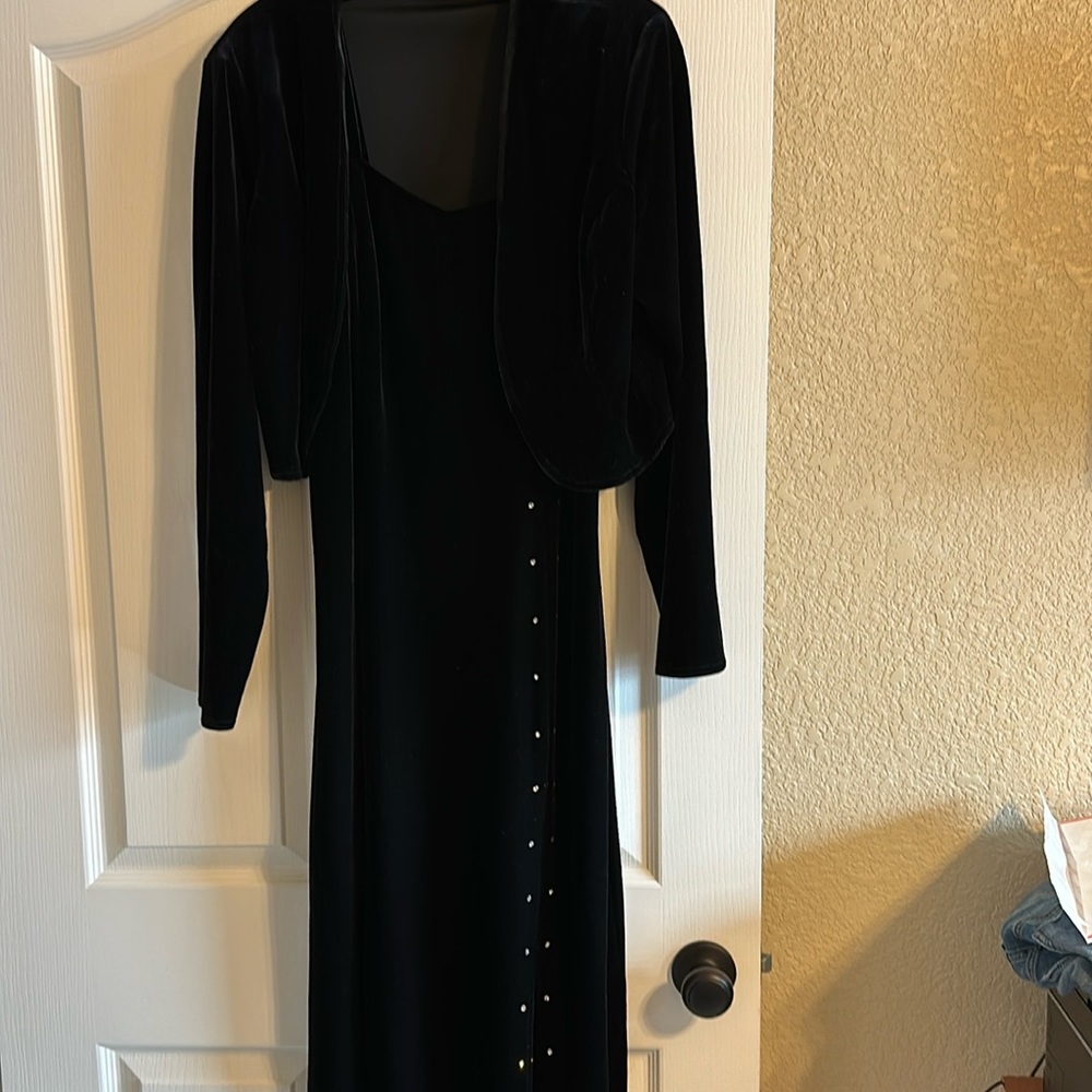 Black Velour Dress with side slit. Rhinestones with bolero jacket